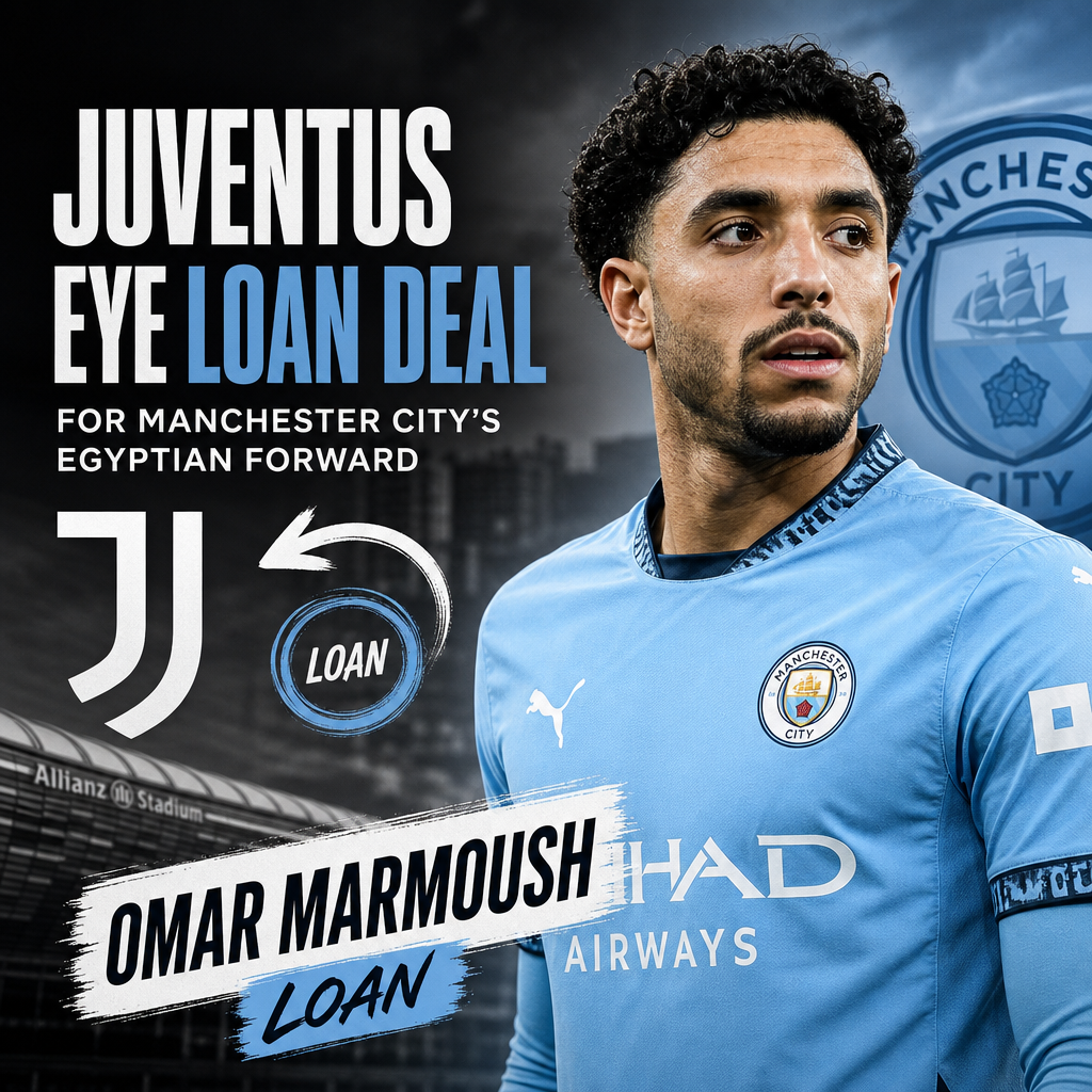 Juventus and Manchester City logos with a photo of Egyptian forward Omar Marmoush in action on the field.