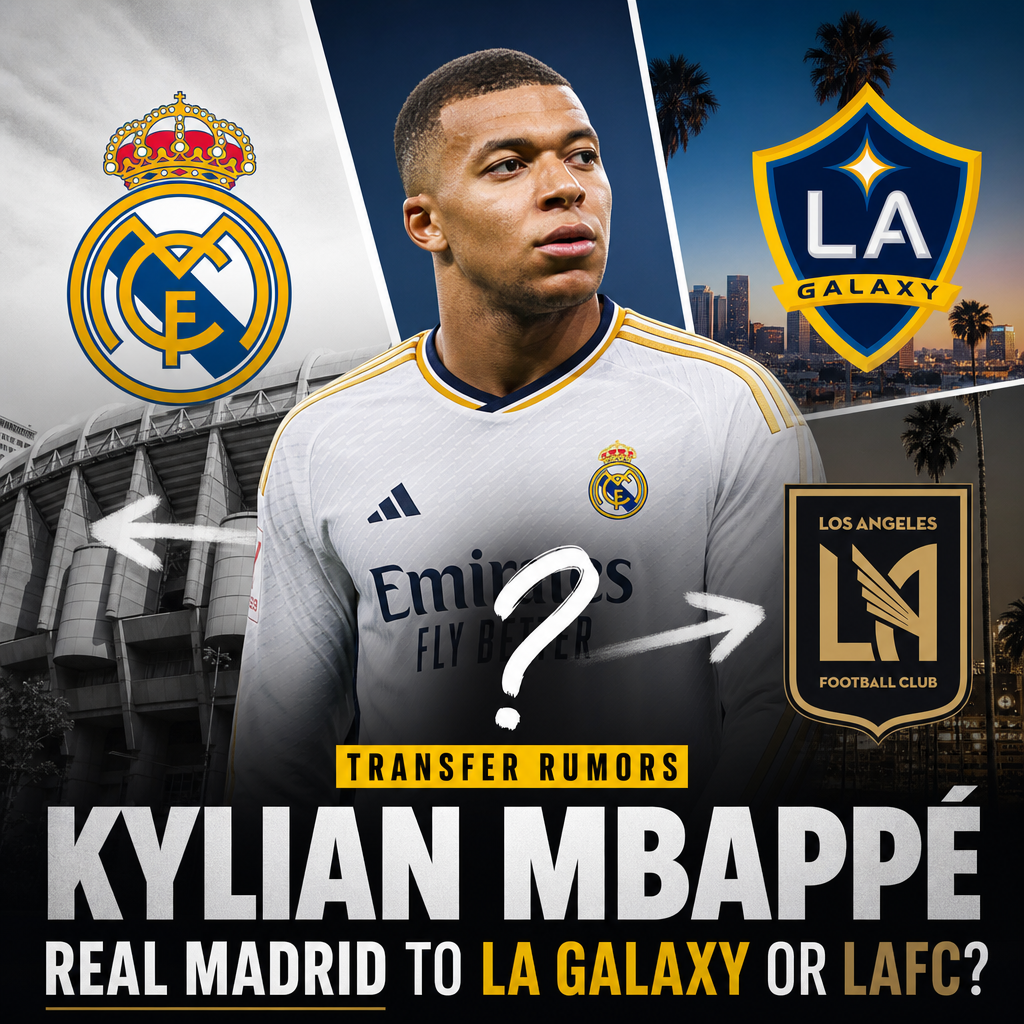 Photo of Kylian Mbappé in a white Real Madrid jersey during a match, highlighting transfer rumors to LA Galaxy or LAFC.