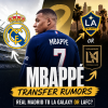 Kylian Mbappé wearing a soccer jersey with logos of Real Madrid, LA Galaxy, and LAFC in the background.
