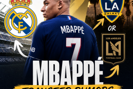 Kylian Mbappé wearing a soccer jersey with logos of Real Madrid, LA Galaxy, and LAFC in the background.