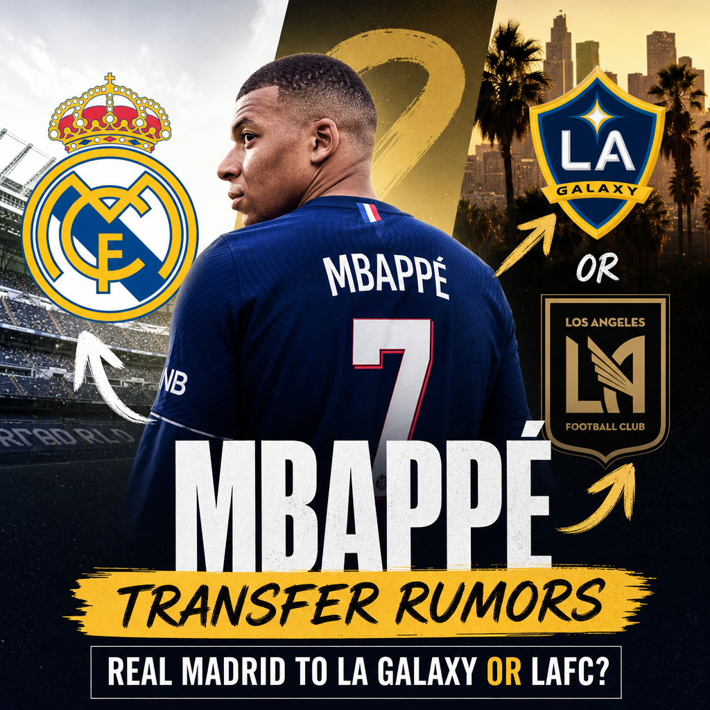 Kylian Mbappé wearing a soccer jersey with logos of Real Madrid, LA Galaxy, and LAFC in the background.