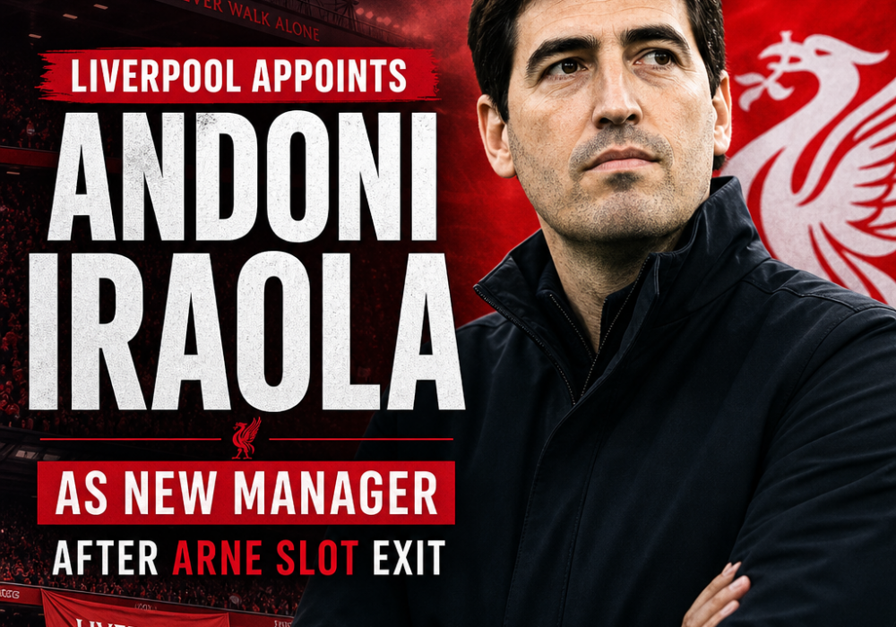 Andoni Iraola stands confidently in front of a Liverpool FC backdrop as the club's new manager.