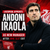 Andoni Iraola stands confidently in front of a Liverpool FC backdrop as the club's new manager.