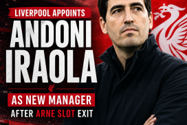 Andoni Iraola stands confidently in front of a Liverpool FC backdrop as the club's new manager.
