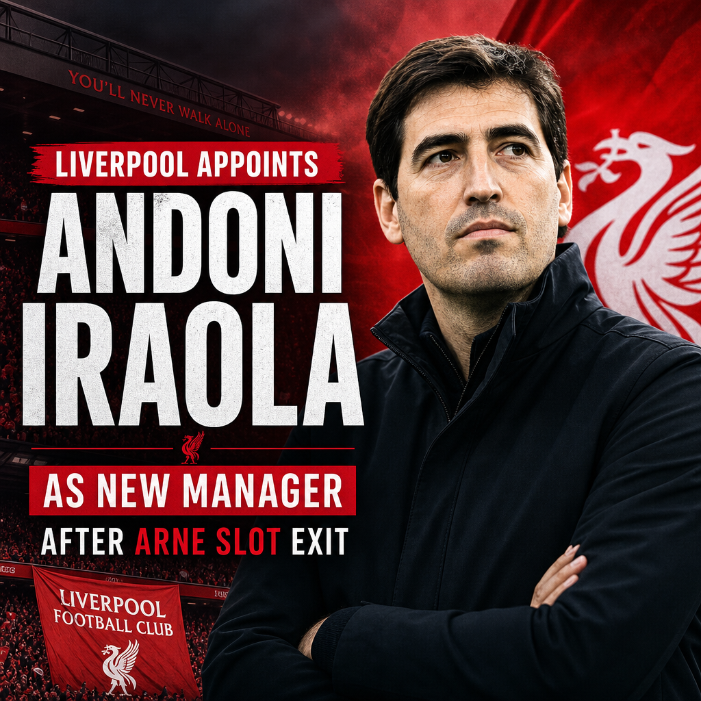 Andoni Iraola stands confidently in front of a Liverpool FC backdrop as the club's new manager.