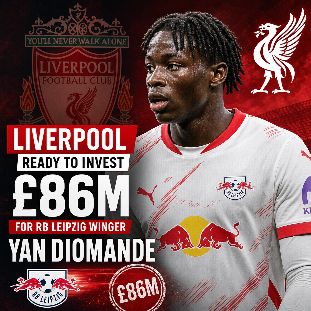 Yan Diomande wearing RB Leipzig jersey during a match, highlighting Liverpool's potential £86 million transfer interest.