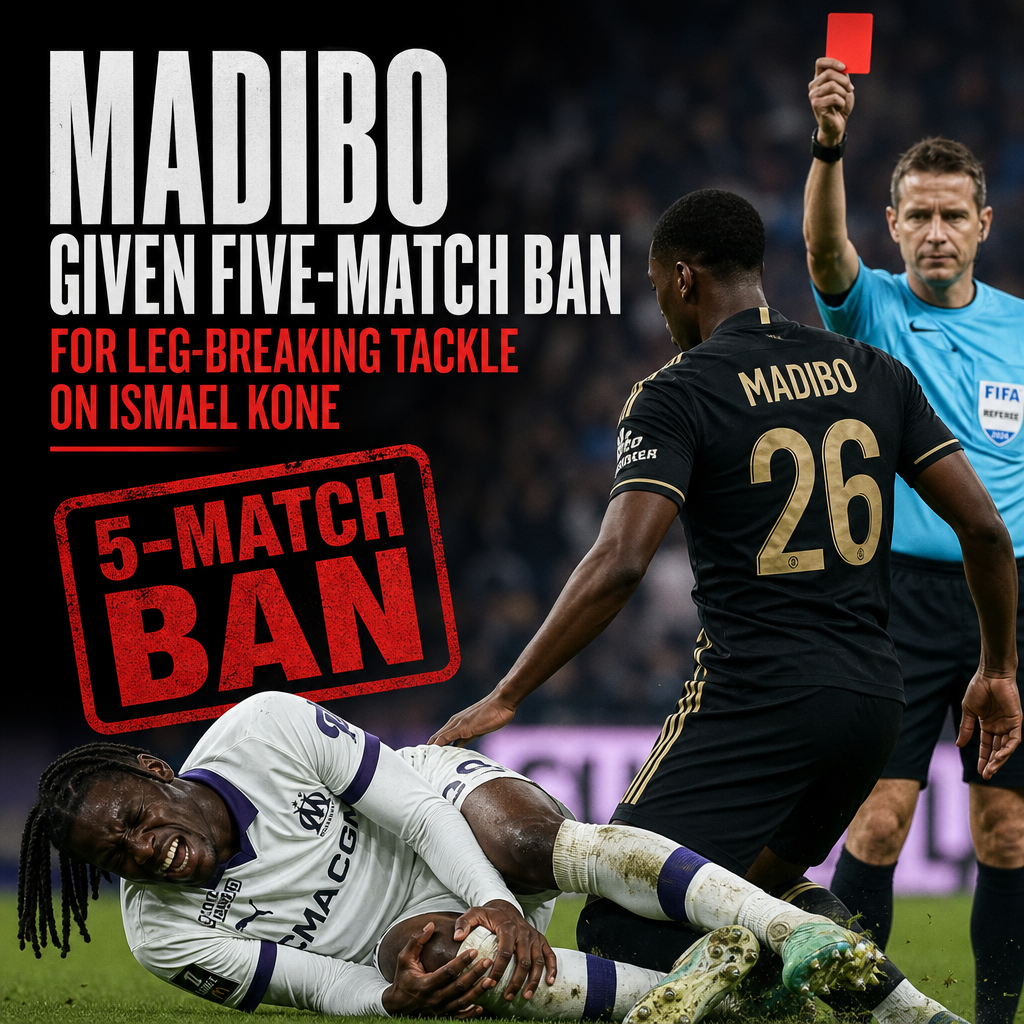 Football player Madibo receives a five-match ban for a dangerous leg-breaking tackle on Ismael Kone.