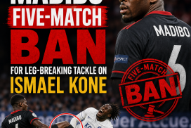 Football player Madibo reacts after receiving a five-match ban for a dangerous tackle on Ismael Kone.