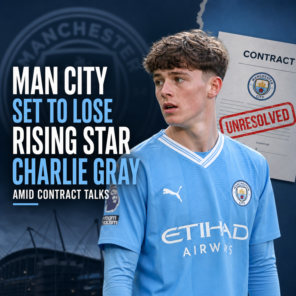 Charlie Gray in Manchester City kit looks determined during a match, symbolizing his uncertain future with the club.