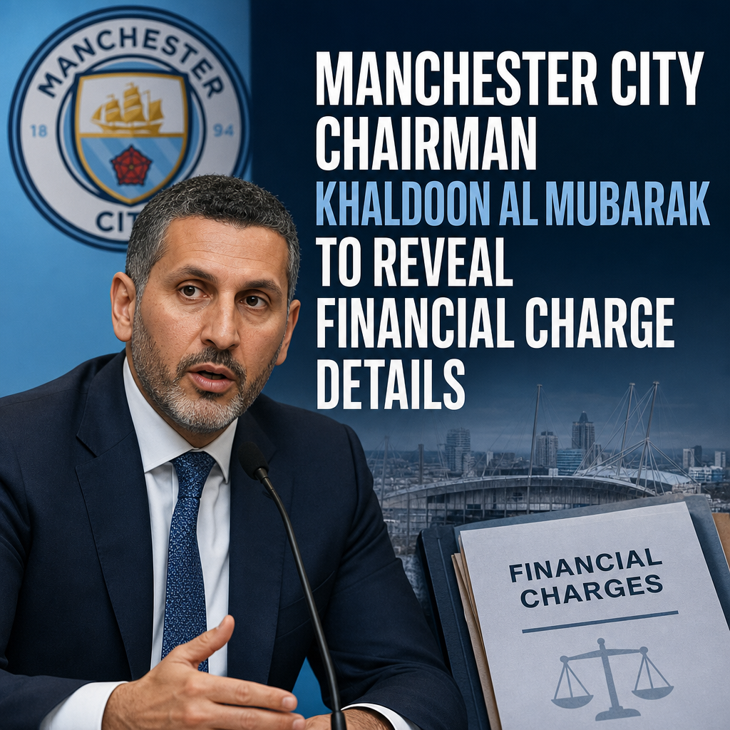 Manchester City chairman Khaldoon Al Mubarak speaking at a press conference about financial matters.
