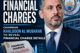 Manchester City chairman Khaldoon Al Mubarak speaking at a press conference about financial charges allegations.