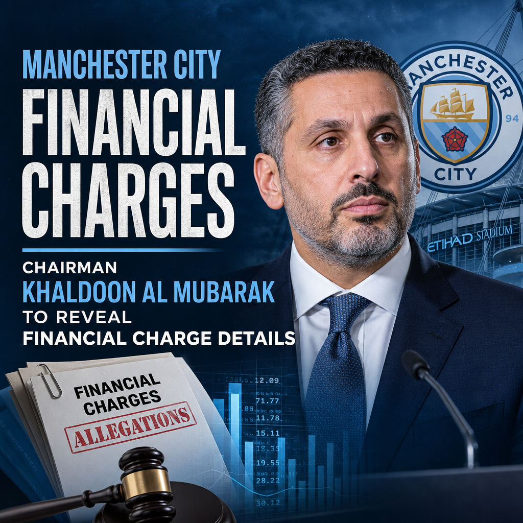 Manchester City chairman Khaldoon Al Mubarak speaking at a press conference about financial charges allegations.
