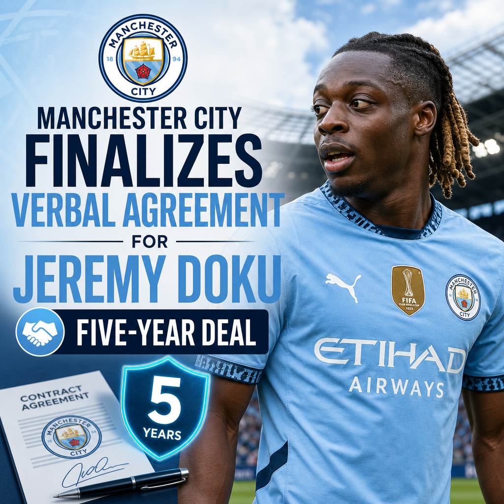 Jeremy Doku in Manchester City kit celebrating with teammates after finalizing a five-year agreement.