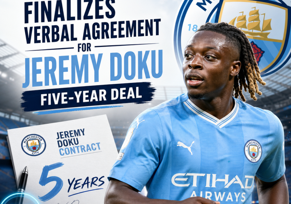 Jeremy Doku in Manchester City jersey during a press conference signing a five-year contract.