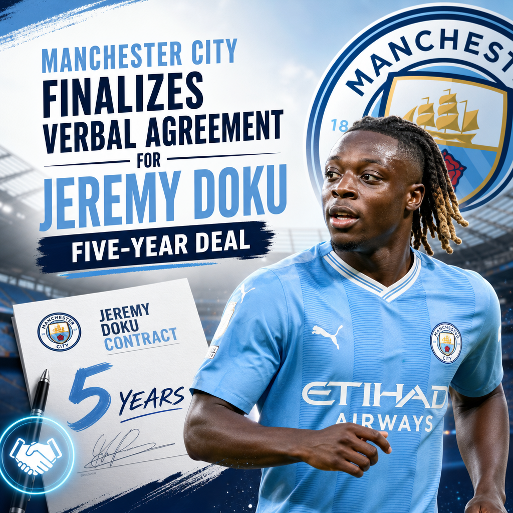 Jeremy Doku in Manchester City jersey during a press conference signing a five-year contract.