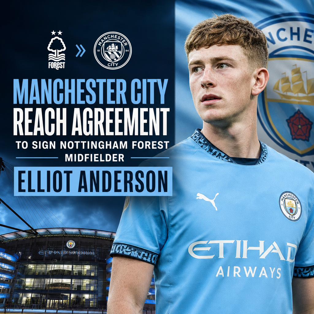 Manchester City and Nottingham Forest officials shaking hands, celebrating agreement for midfielder Elliot Anderson transfer.