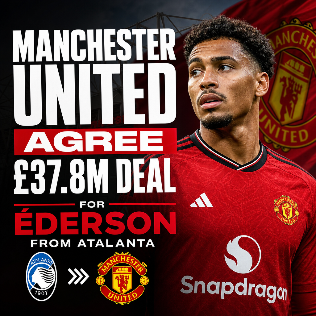 Manchester United and Atalanta logos with a headline announcing a £37.8M deal for Éderson transfer.