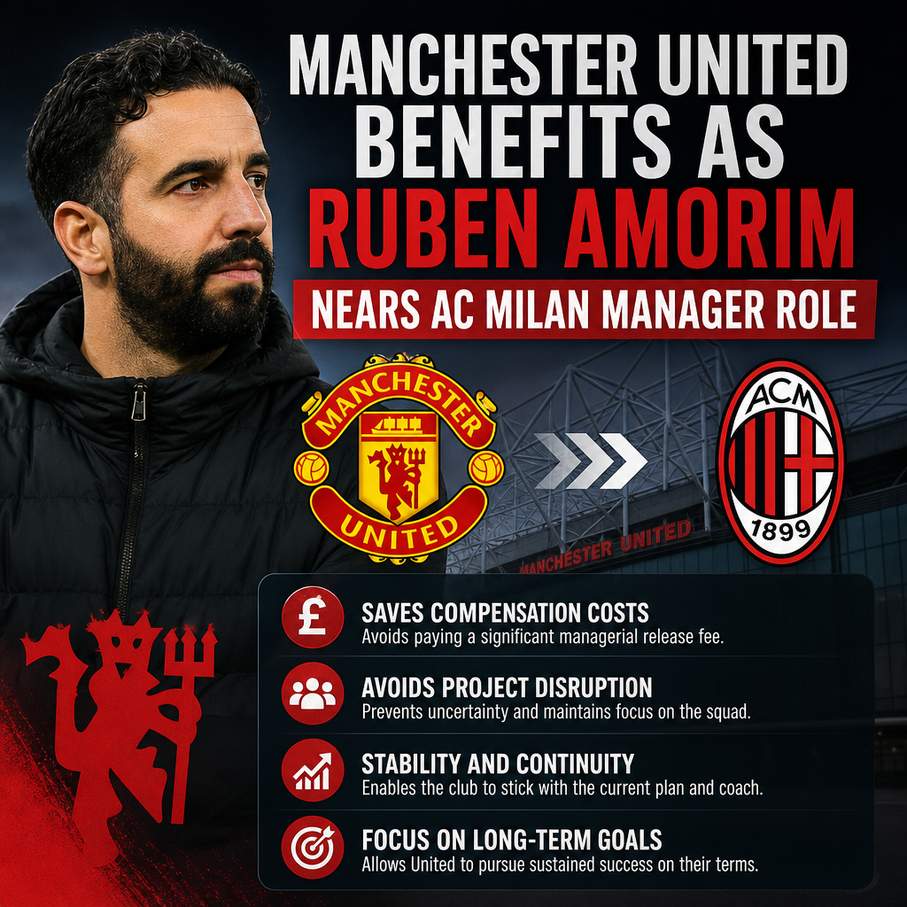 Ruben Amorim smiling, with Manchester United and AC Milan logos, symbolizing managerial changes and benefits.