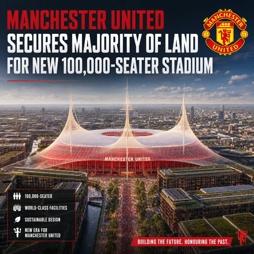 Aerial view of Manchester United's secured land for a new 100,000-seat stadium with modern, sustainable design.
