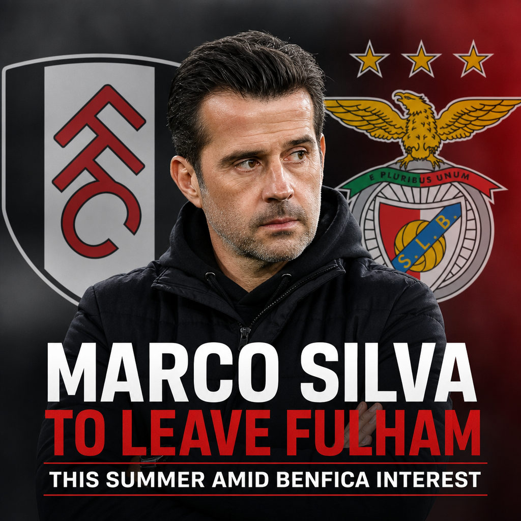 Marco Silva speaking at a press conference wearing a Fulham jacket with microphones in front of him.