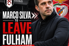 Marco Silva speaking at a press conference, wearing a Fulham jacket and gesturing with his hand.