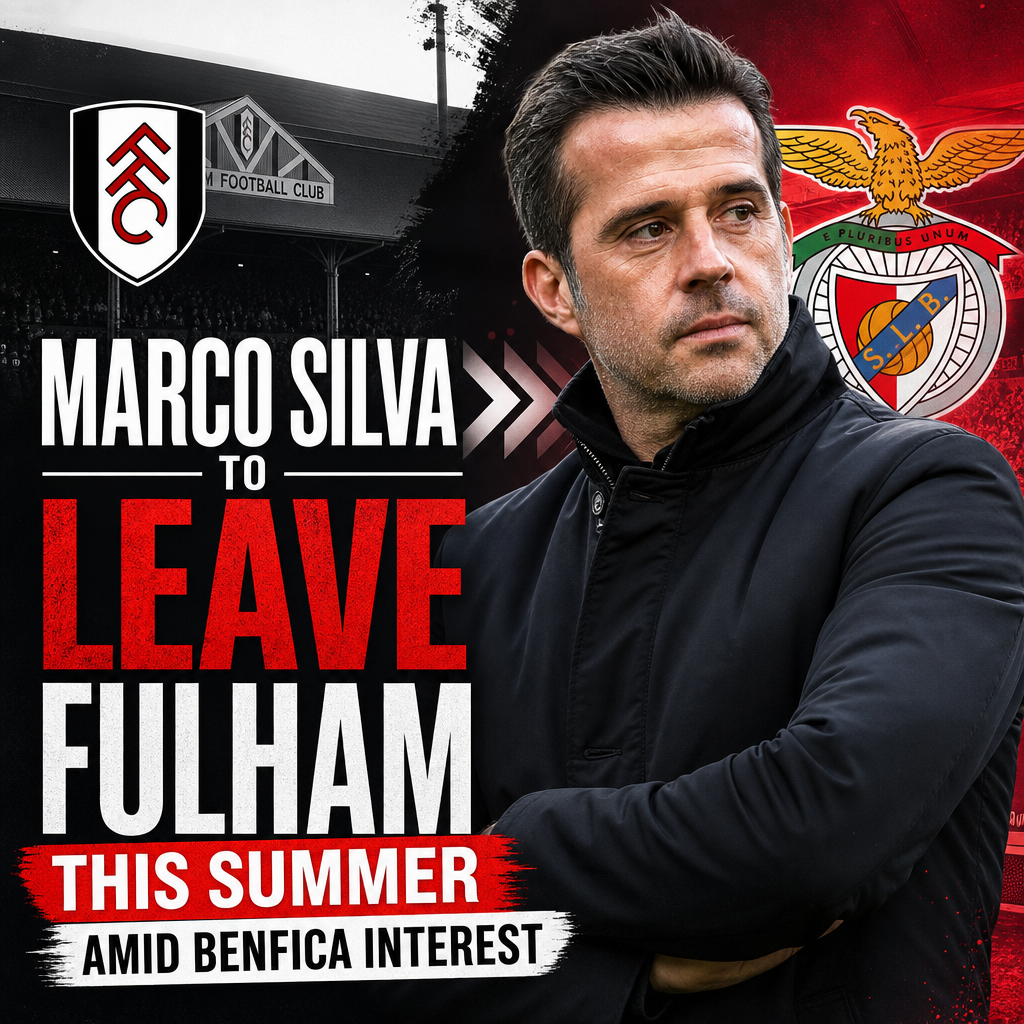 Marco Silva speaking at a press conference, wearing a Fulham jacket and gesturing with his hand.