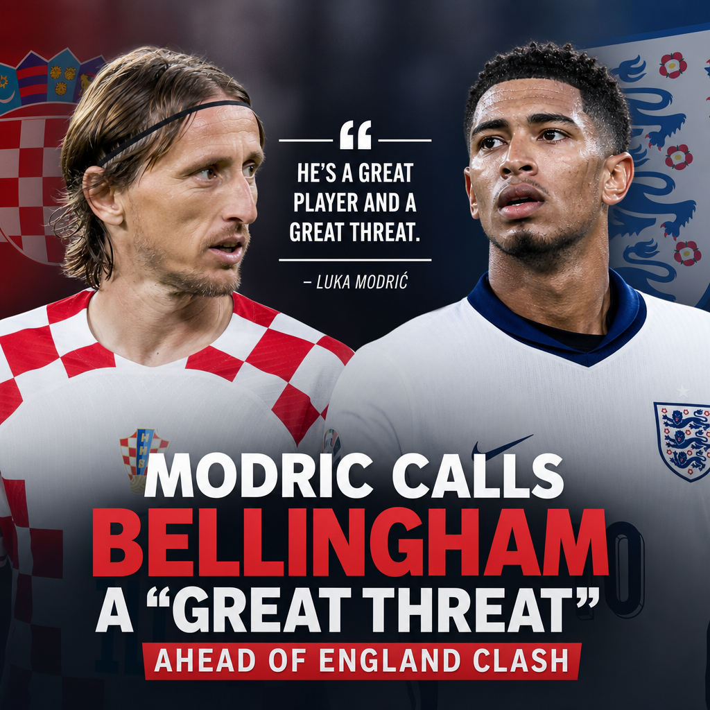 Luka Modric speaking at a press conference, praising Jude Bellingham as a great threat before England vs Croatia match.