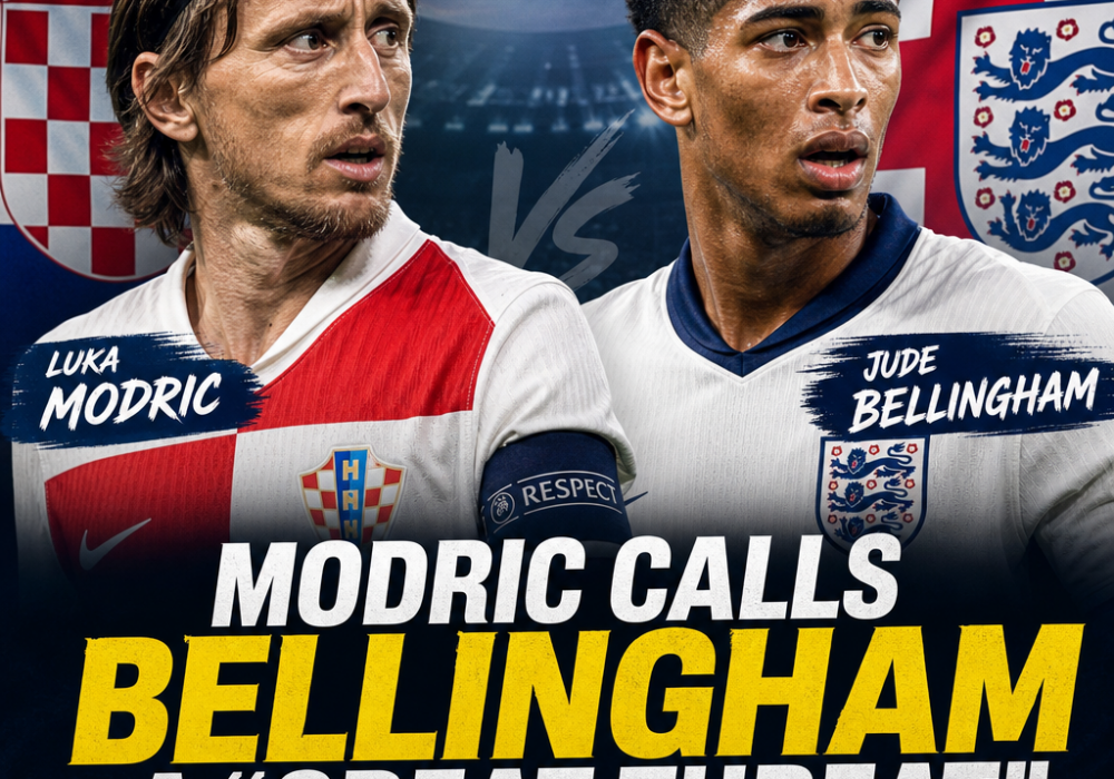 Luka Modric and Jude Bellingham stand face to face before the Croatia vs England football match.