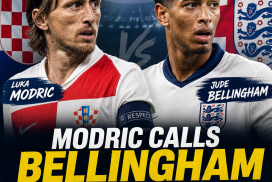 Luka Modric and Jude Bellingham stand face to face before the Croatia vs England football match.
