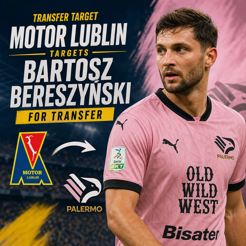 Bartosz Bereszyński in Palermo kit, targeted by Motor Lublin for transfer, on a soccer field.