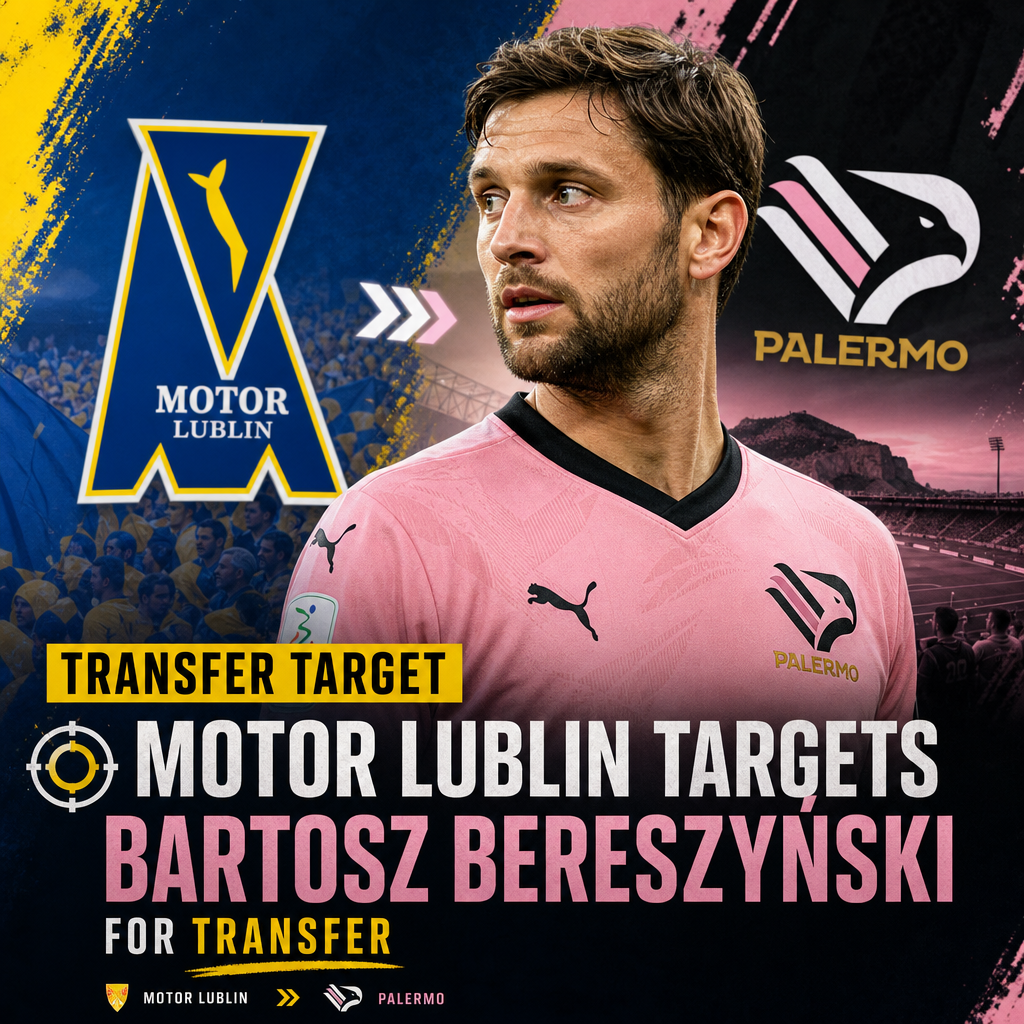 Bartosz Bereszyński in Palermo jersey, with Motor Lublin logo, illustrating transfer target news.