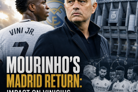 José Mourinho coaching Real Madrid, focusing on Vinicius Jr. with a tactical board in the background.