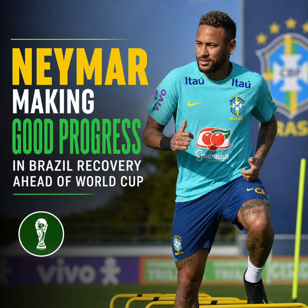 Neymar jogging on a field in a yellow Brazil training kit, showing progress in World Cup recovery.