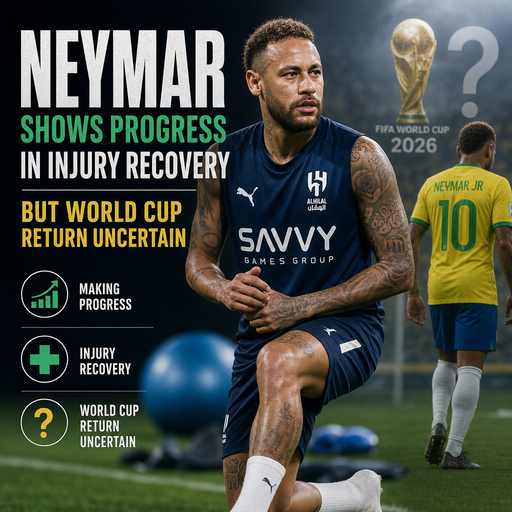 Neymar in training gear showing focused expression during injury recovery for potential World Cup 2026 return.