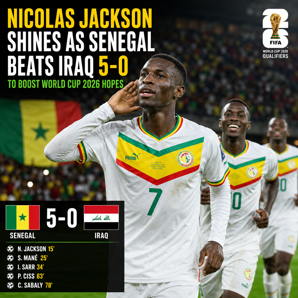 Nicolas Jackson celebrating a goal as Senegal defeats Iraq 5-0 in a FIFA World Cup 2026 qualifier.