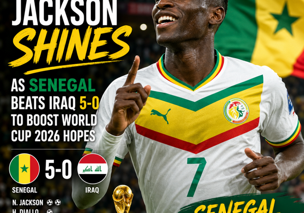 Nicolas Jackson celebrating a goal as Senegal defeats Iraq 5-0 in FIFA World Cup 2026 qualifiers.