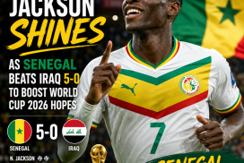 Nicolas Jackson celebrating a goal as Senegal defeats Iraq 5-0 in FIFA World Cup 2026 qualifiers.