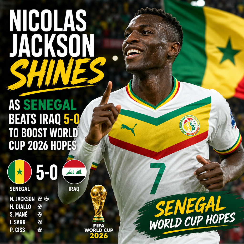 Nicolas Jackson celebrating a goal as Senegal defeats Iraq 5-0 in FIFA World Cup 2026 qualifiers.