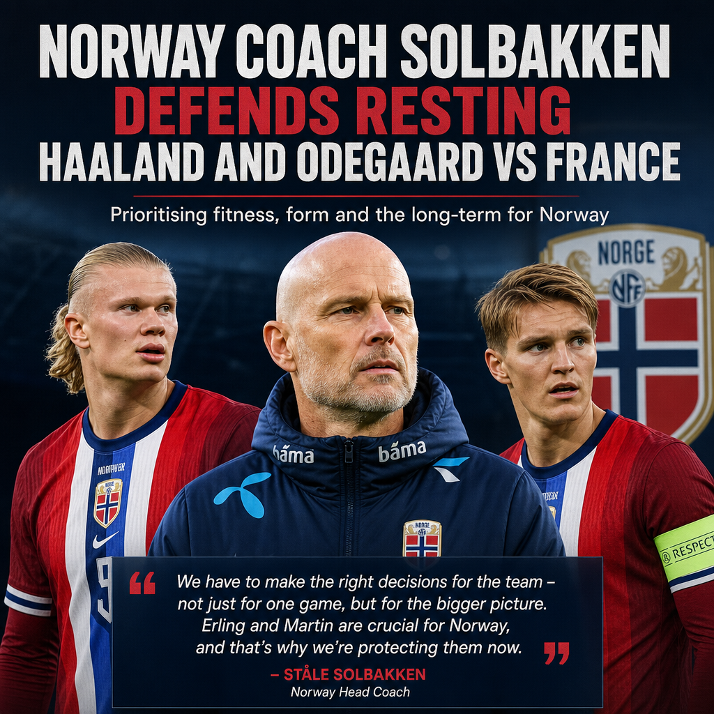 Norway coach Ståle Solbakken speaks at a press conference defending resting Haaland and Odegaard.