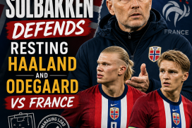 Norway coach Solbakken speaking at a press conference defending rest for Haaland and Odegaard before France match.