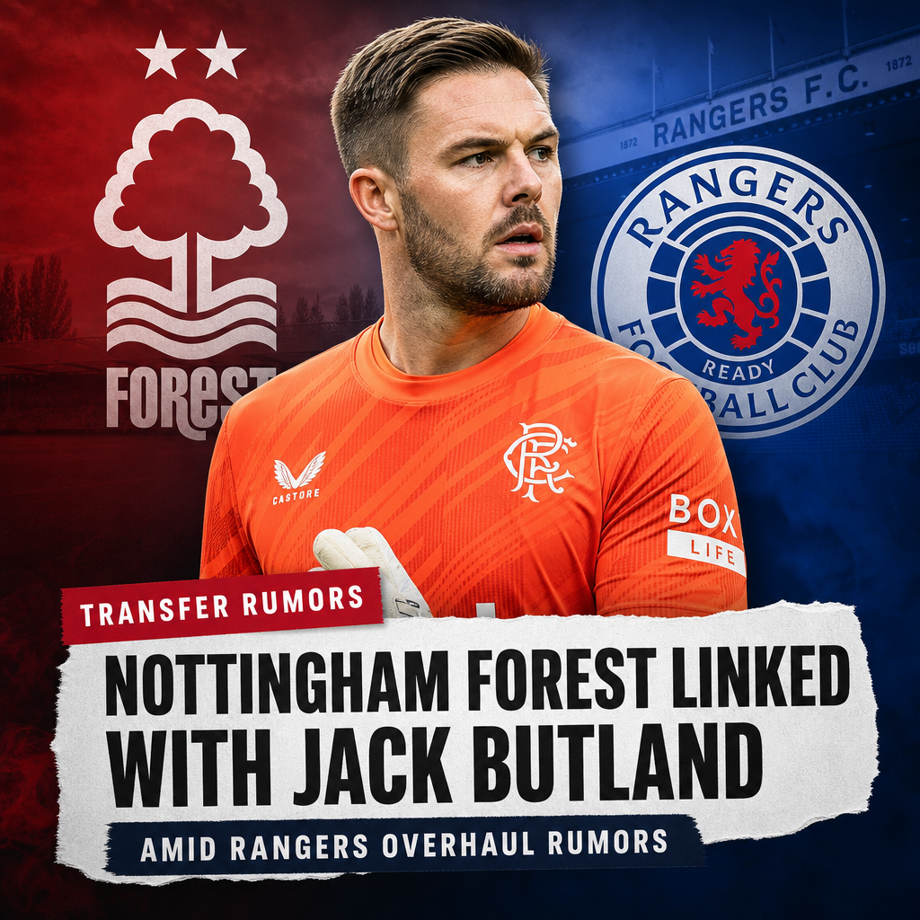 Nottingham Forest goalkeeper Jack Butland in action, linked with transfer amid Rangers rumors.
