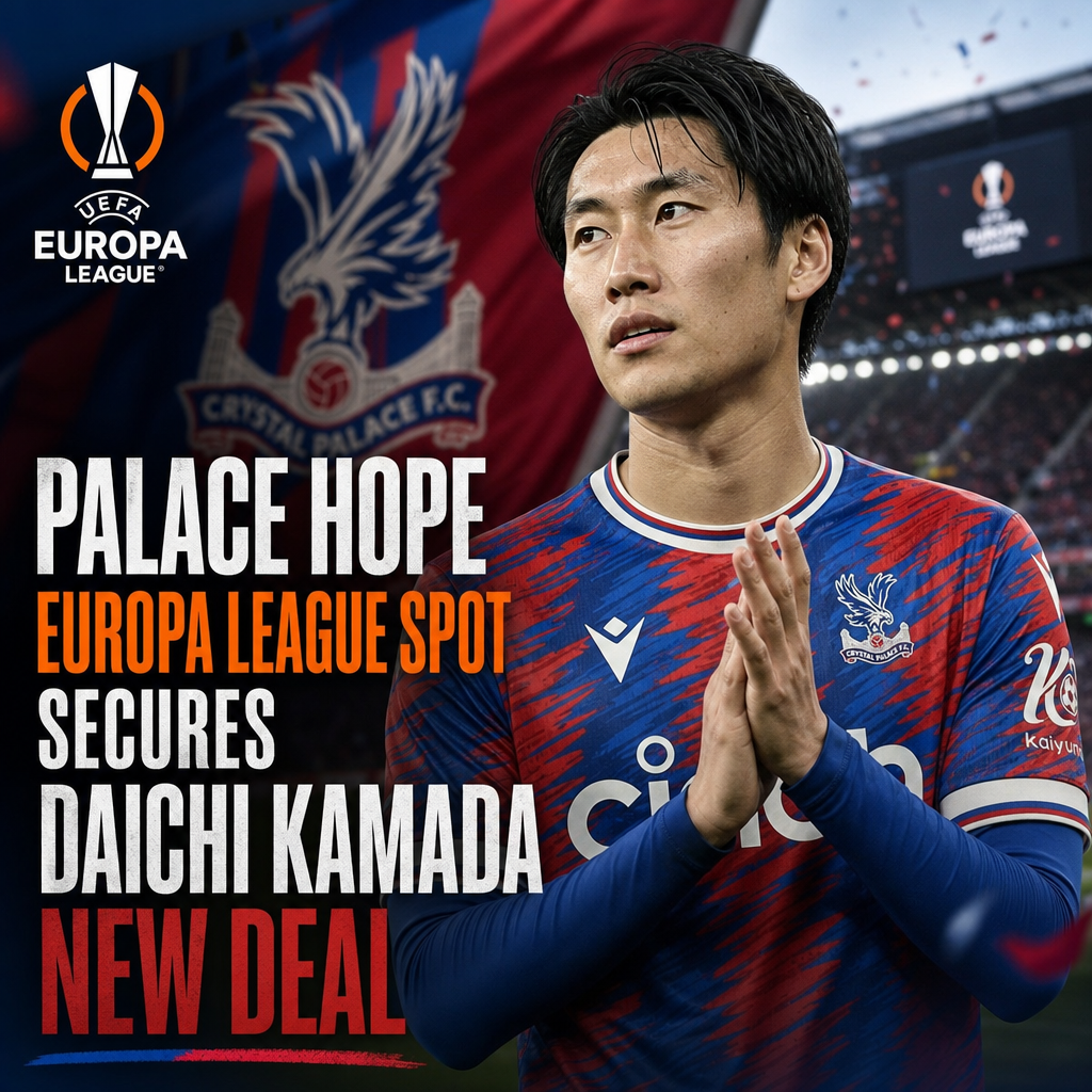 Daichi Kamada in Crystal Palace jersey celebrating as the team qualifies for the UEFA Europa League.