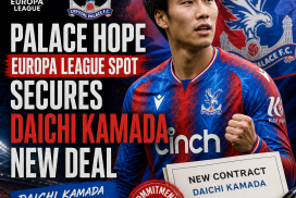 Daichi Kamada celebrating in Crystal Palace jersey after securing Europa League spot with new contract deal.