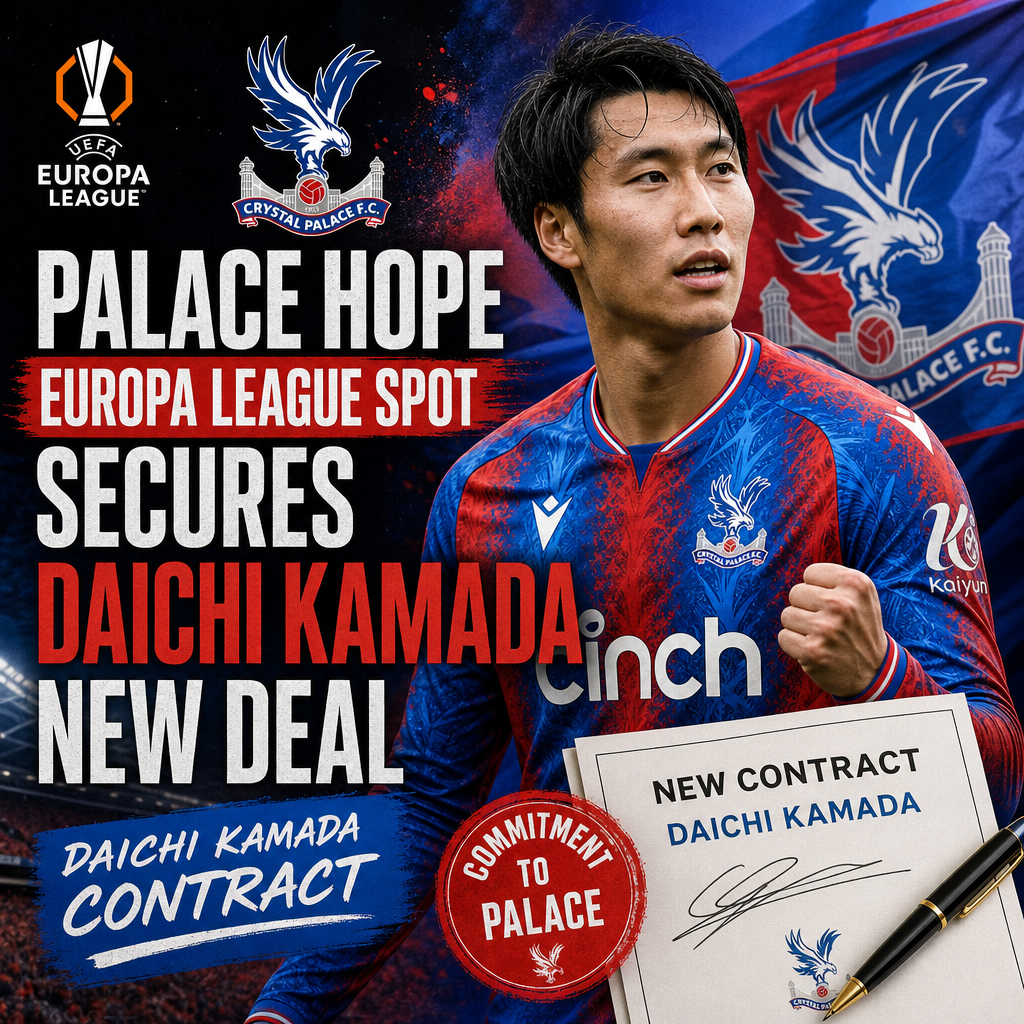 Daichi Kamada celebrating in Crystal Palace jersey after securing Europa League spot with new contract deal.