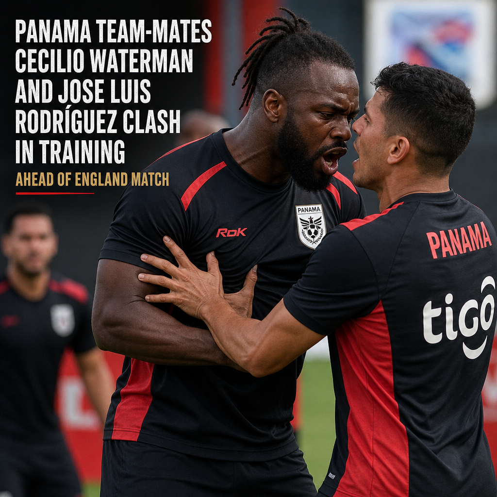Panama football players Cecilio Waterman and Jose Luis Rodríguez compete intensely during a training session.