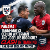 Panama soccer players Cecilio Waterman and Jose Luis Rodríguez compete closely during a training session.