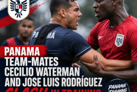 Panama soccer players Cecilio Waterman and Jose Luis Rodríguez compete closely during a training session.