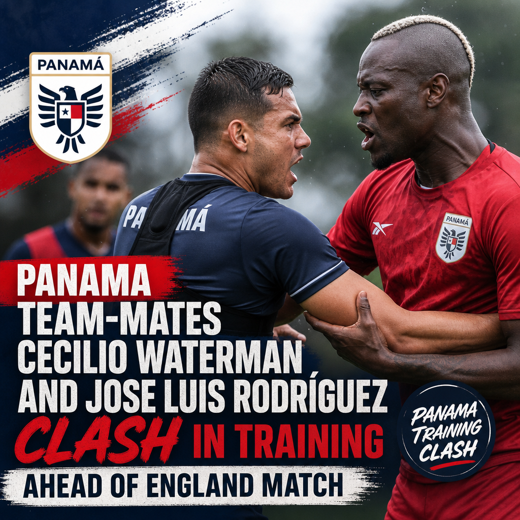 Panama soccer players Cecilio Waterman and Jose Luis Rodríguez compete closely during a training session.