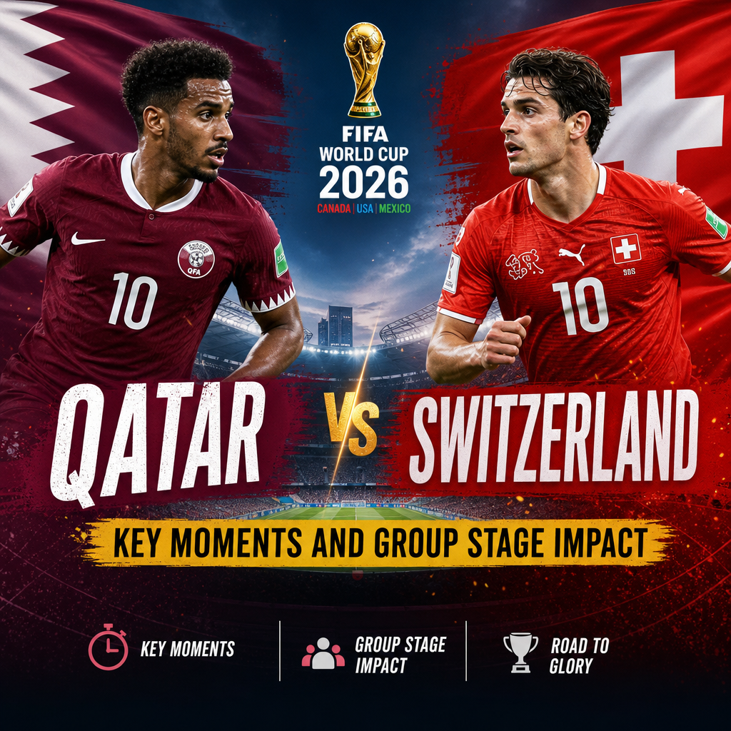 Infographic showing key moments and group stage impact of the Qatar vs Switzerland 2026 FIFA World Cup match.