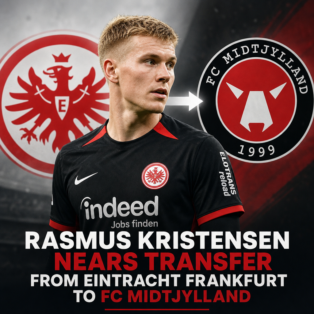 Rasmus Kristensen in Eintracht Frankfurt jersey on the soccer field, nearing transfer to FC Midtjylland.